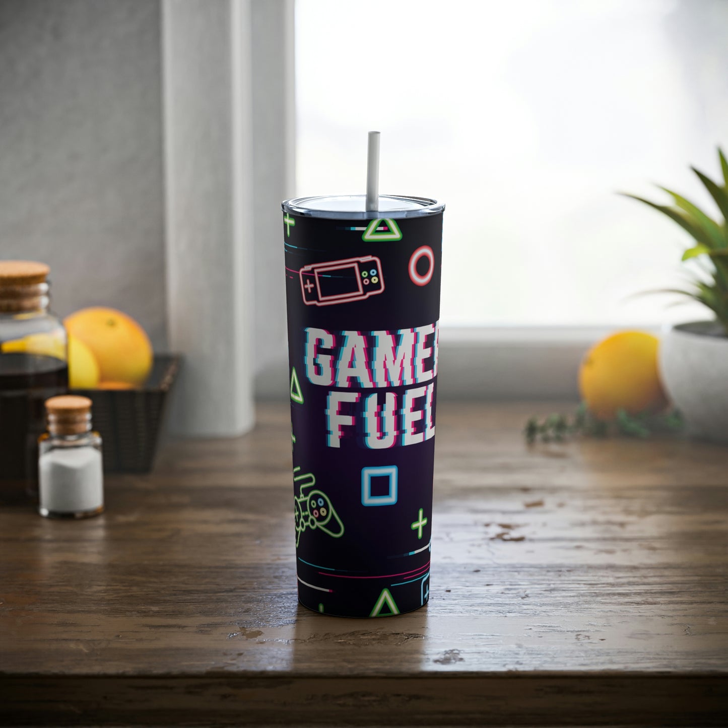 Vaso de acero delgado con pajita Gamer Fuel, 20 oz 